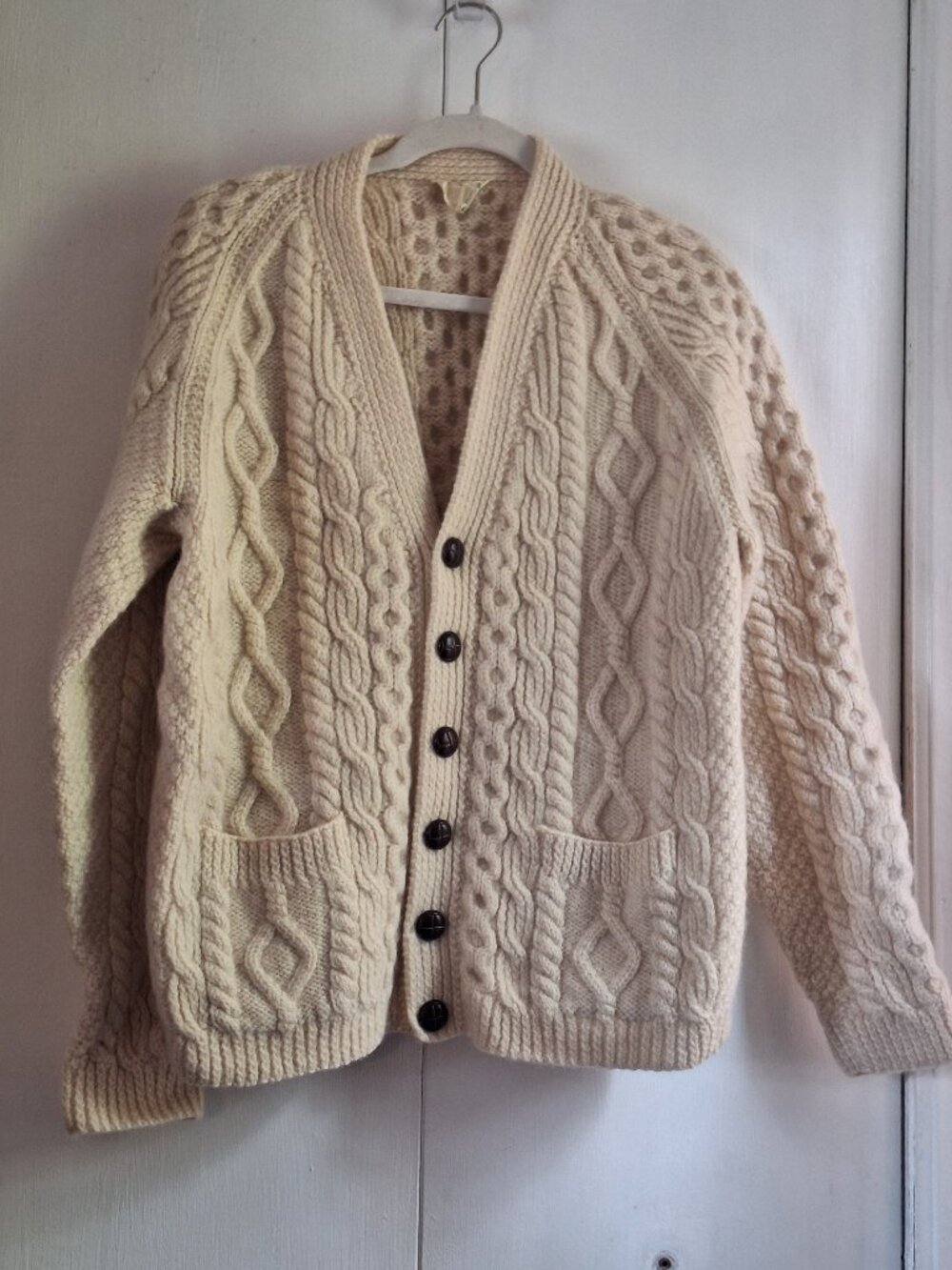 Vintage Kirlown Ireland Aran Cable Knit Wool Cardigan Cream Fisherman Sweater